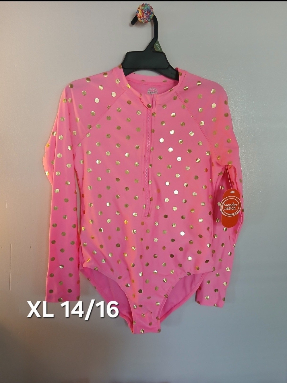 wonder nation Pink Rashguard Swim Suit with Gold Polka Dots